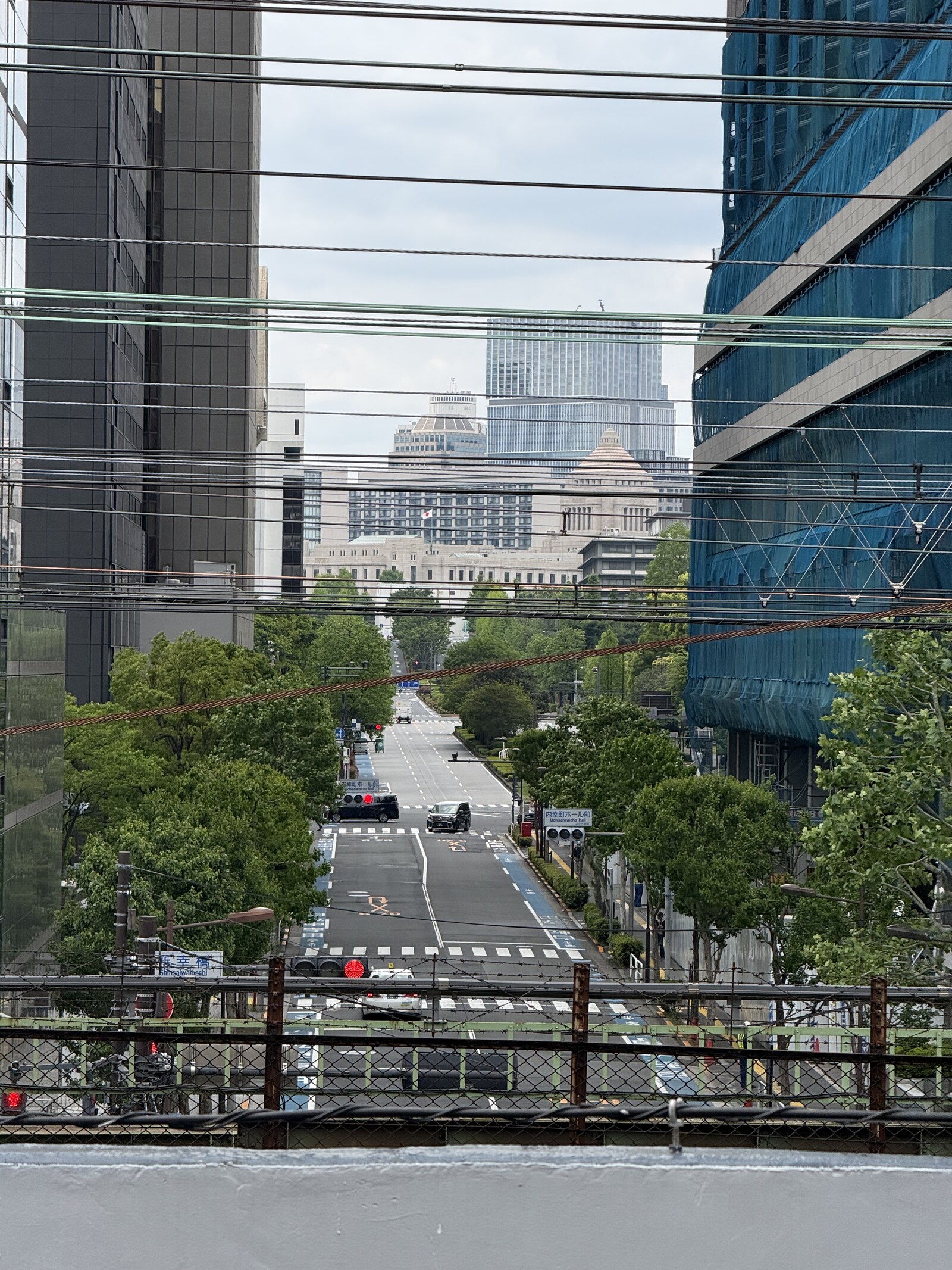 街路樹のトンネルの先にKK線から見える国会議事堂
