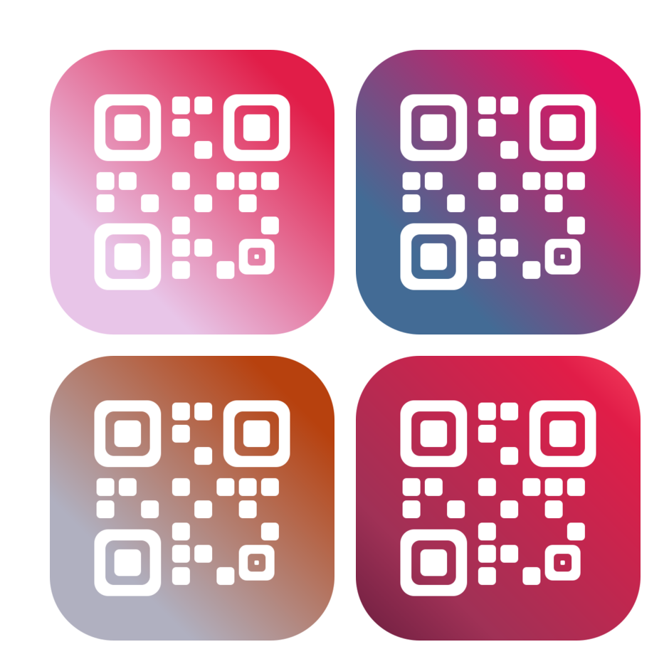 Q→R グラデーションの4つの試作アイコンが2×2で並んでいる画像。左上 Quartz→Rose、右上 Queen Blue→Ruby、左下 Quicksilver→Rust、右下 Quinacridone→Rose Red